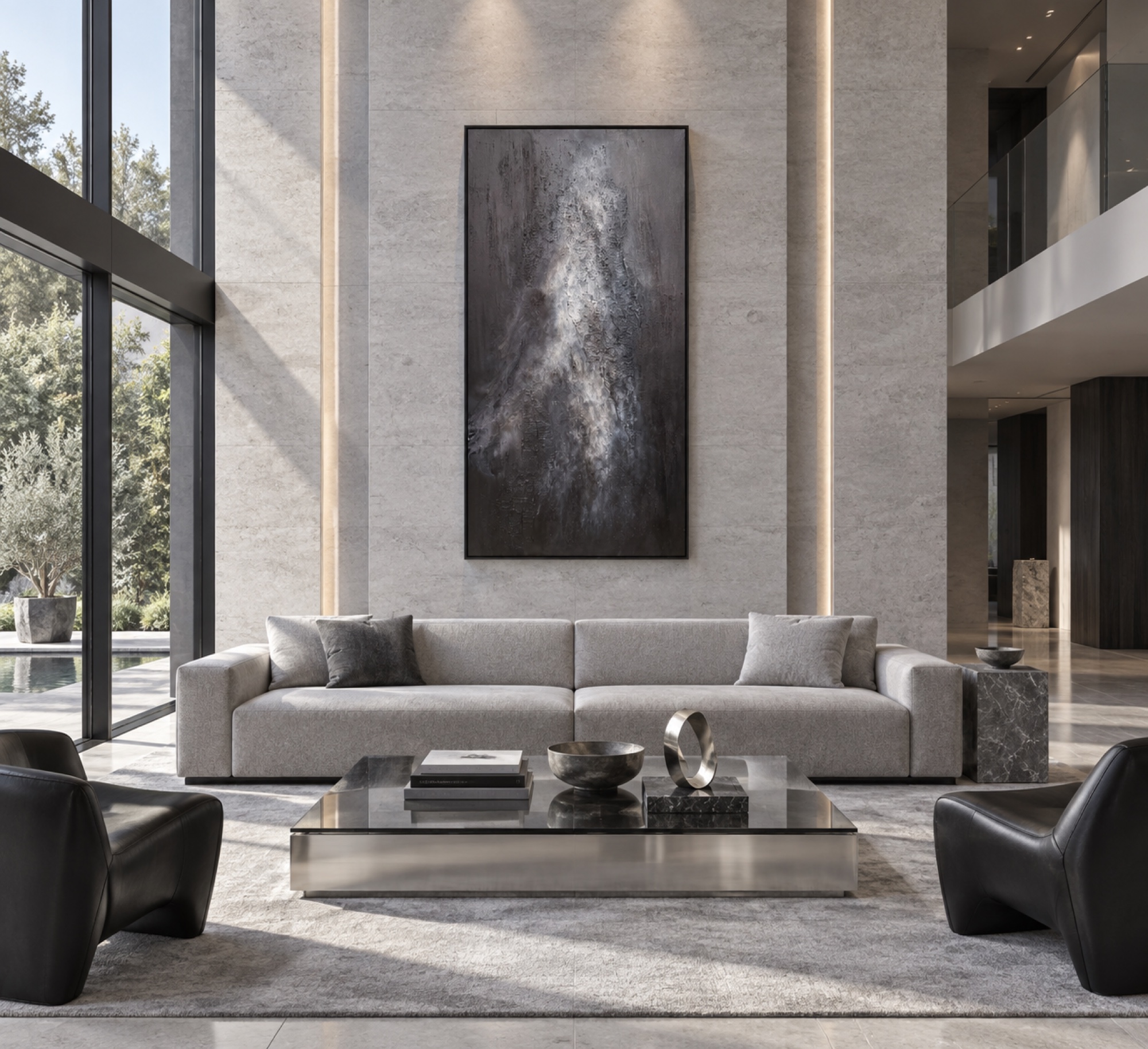 A Way Through, a tall dark textured painting above a sofa in a double-height living room
