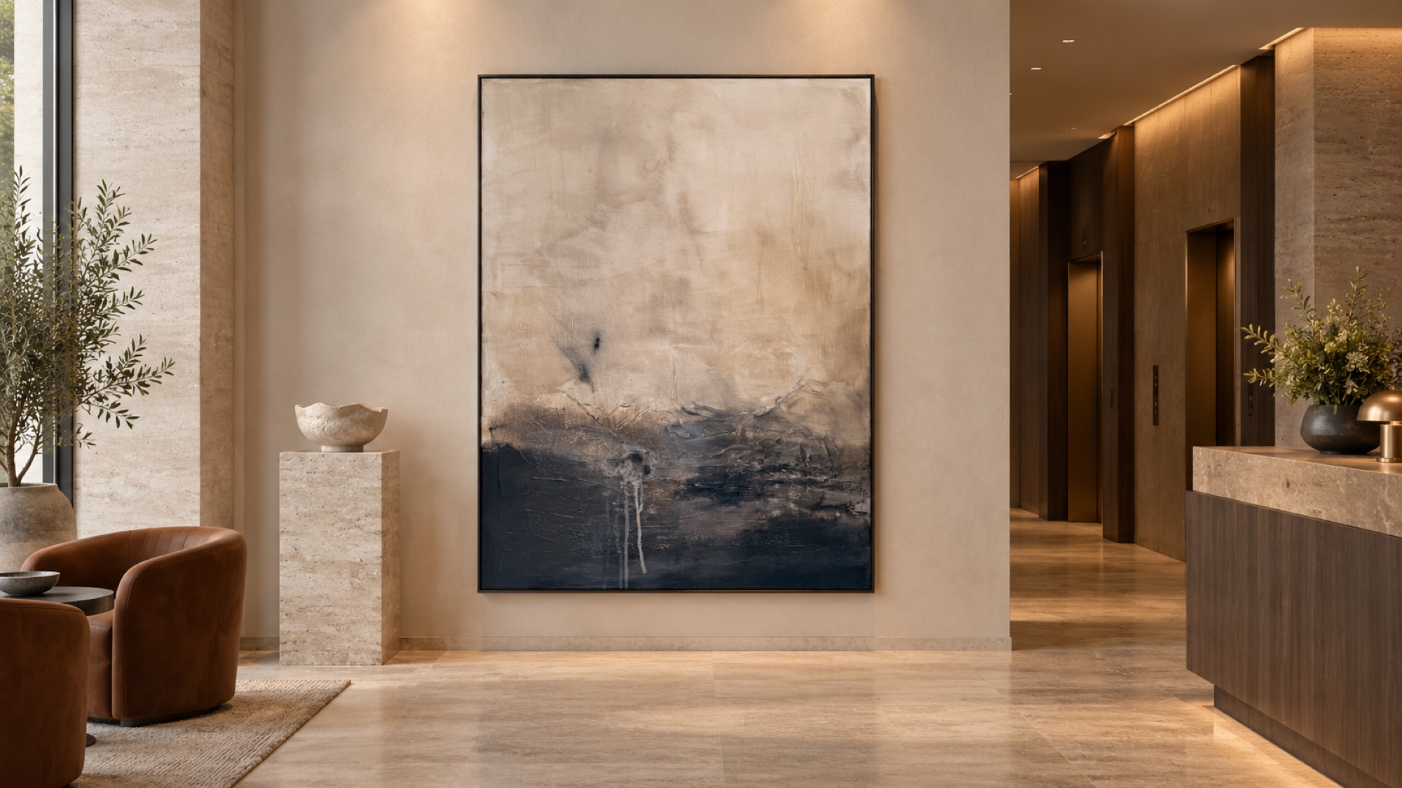 Dust, a tall painting in bone and ochre with a dark lower band, hung on the wall of a hotel lobby