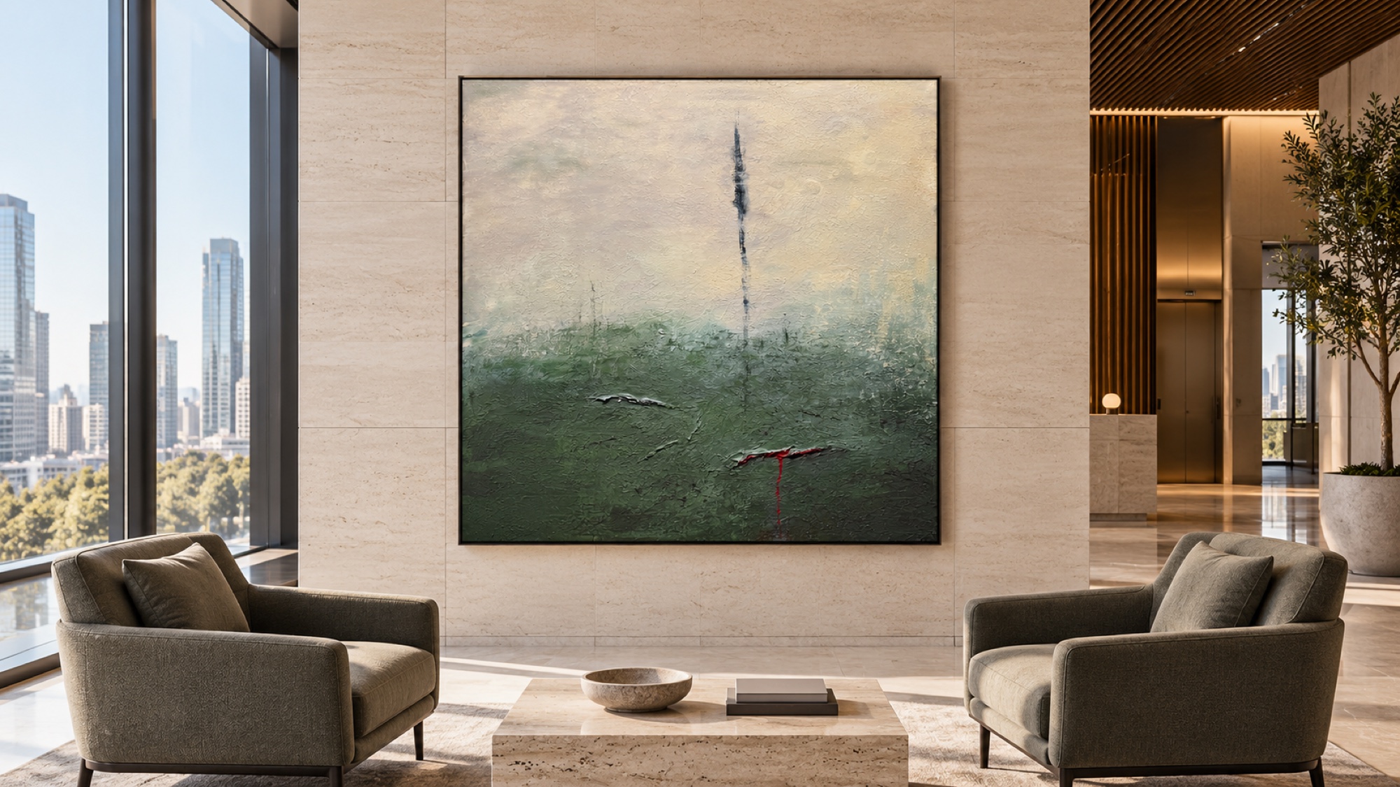 Quiet Rupture, a square green and cream textured painting with a red mark, in a lounge