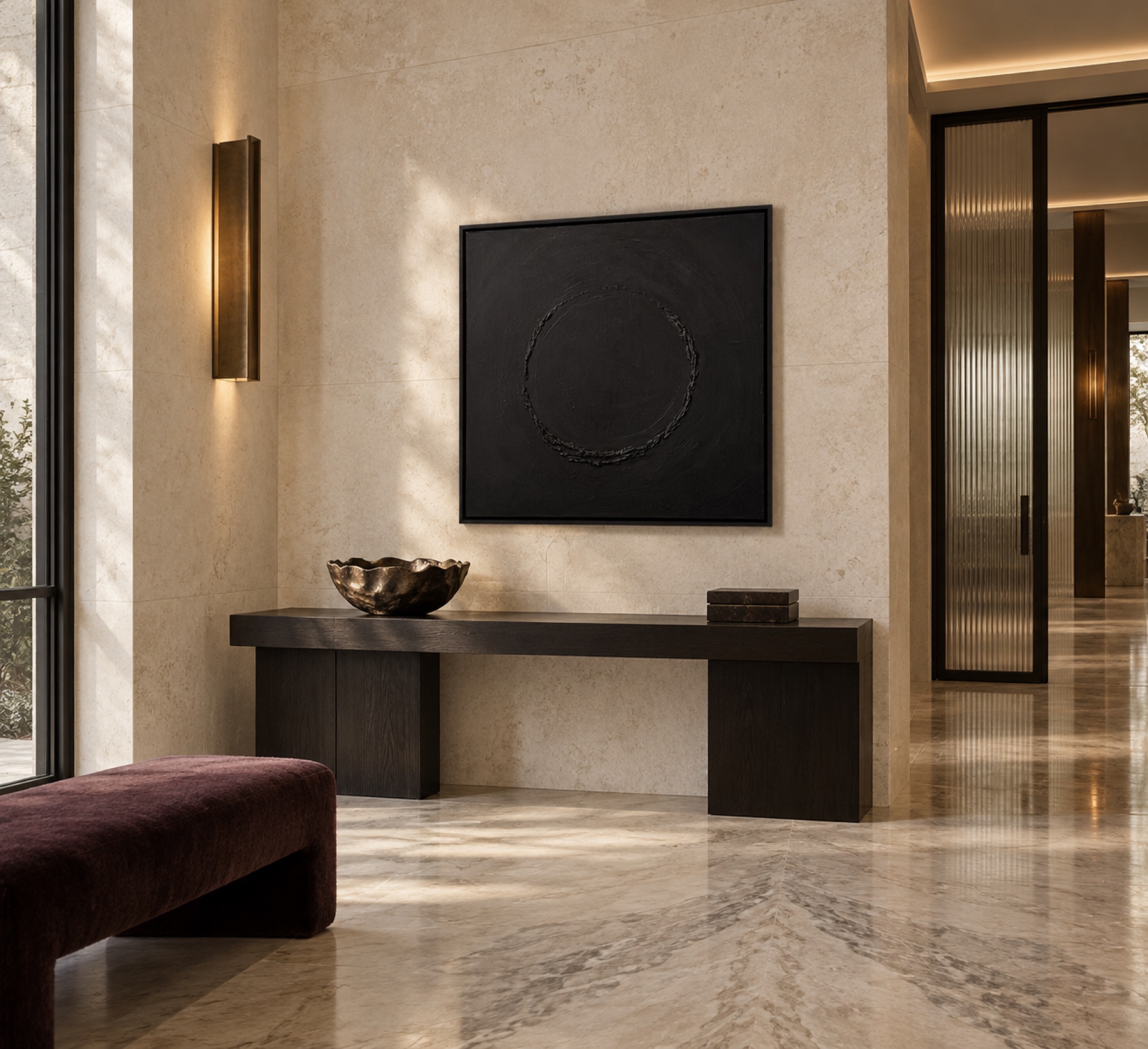 The Void, a large black textured painting above a console in a stone-walled room